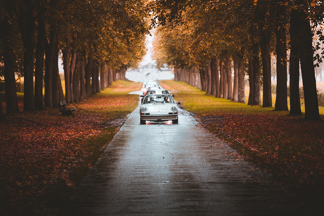 Line of vintage white convertibles driving down a wet, tree-lined road in autumn foliage.