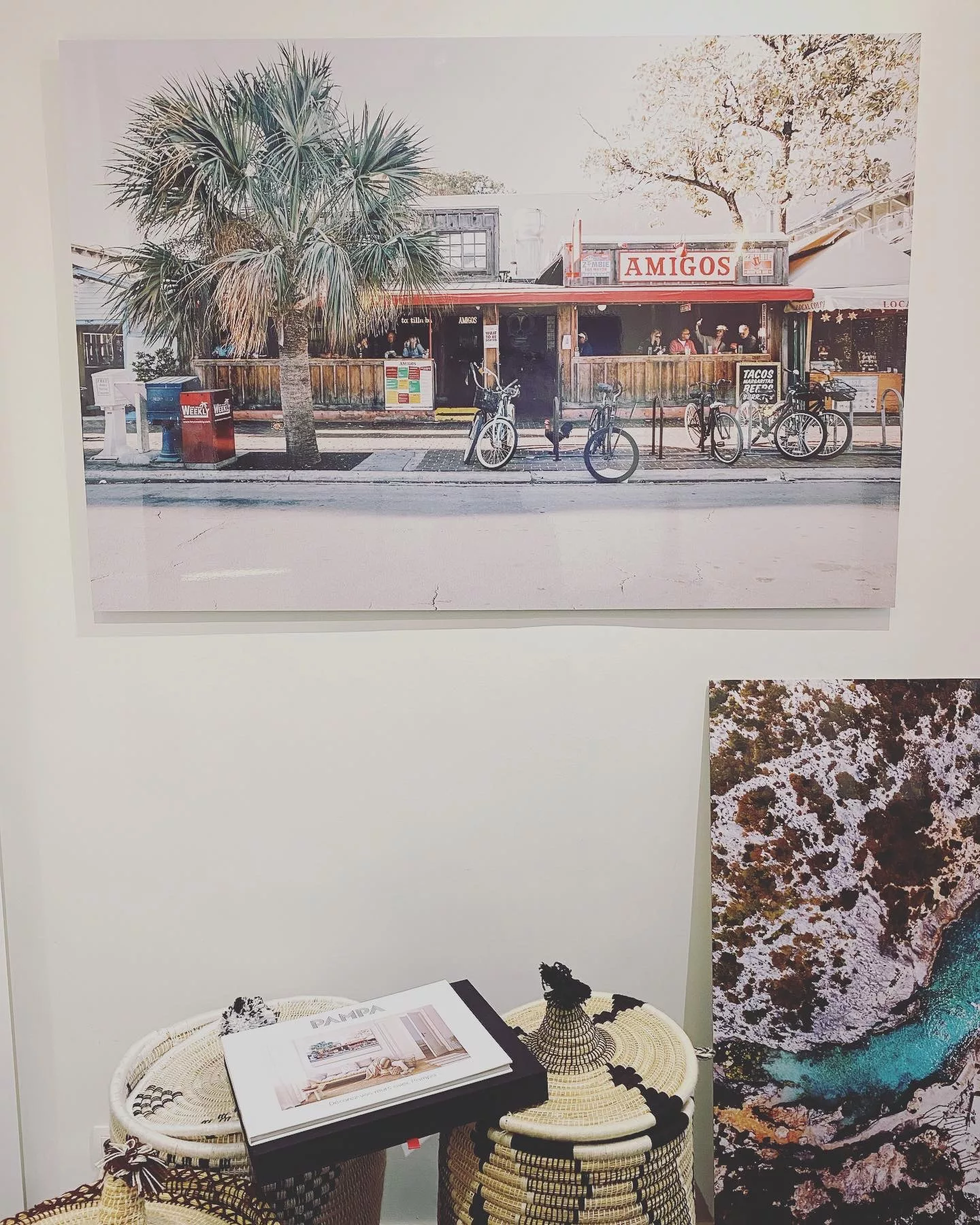 Colorful street storefront with framed fine art car photography print — Cars and Roses