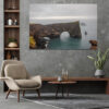 Living room interior in loft, industrial style, 3d render Wall decor photo of Dyrhólaey natural arch in Iceland showing black cliff and ocean under dramatic sky, perfect for Nordic interior decoration