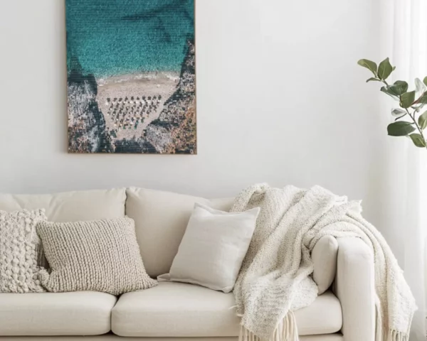 Aerial Crete photography displayed large format in white minimalist living room Mediterranean wall art limited edition