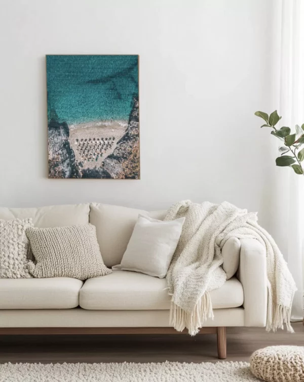 Aerial Crete photography displayed large format in white minimalist living room Mediterranean wall art limited edition