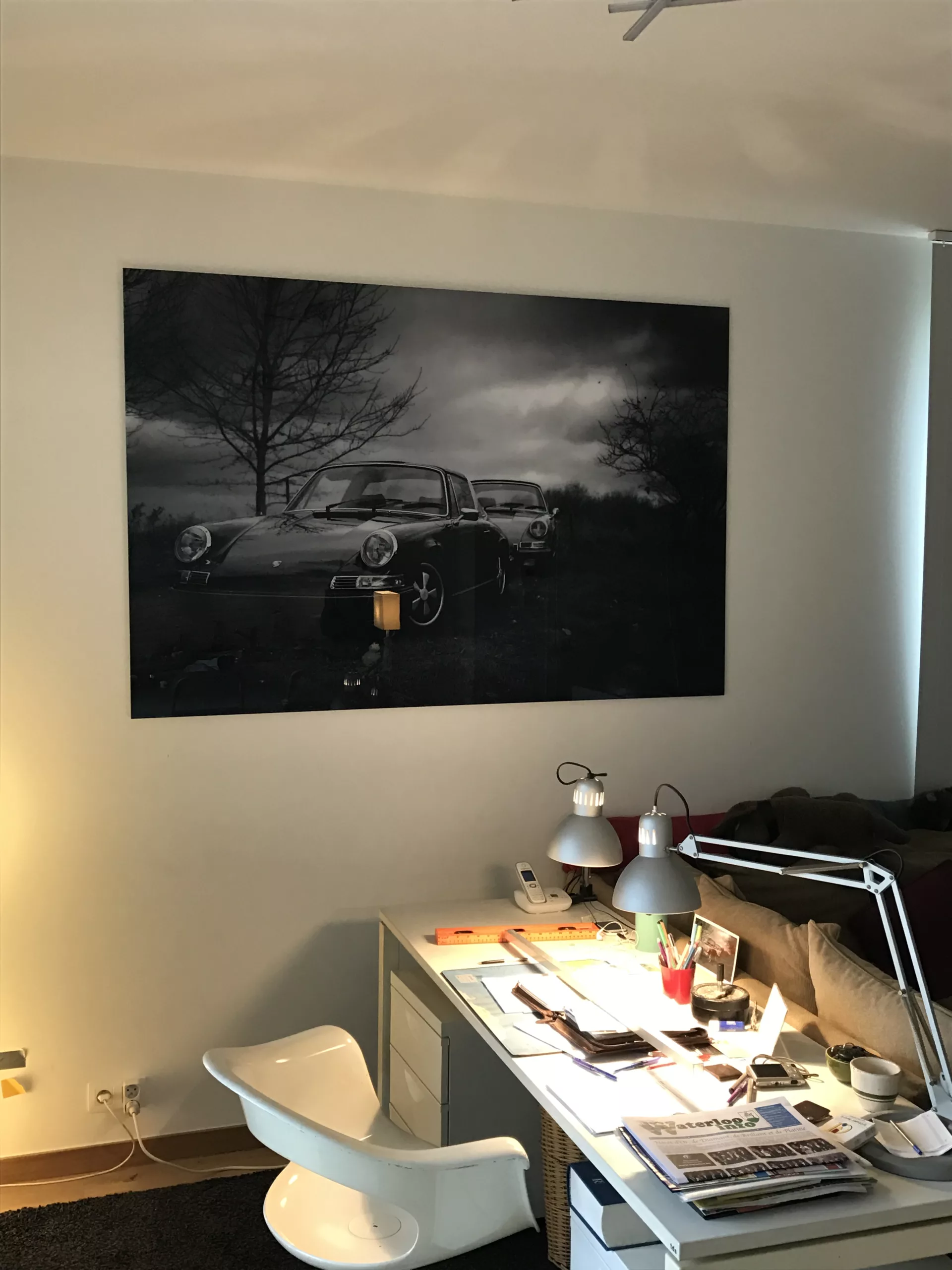 Large framed fine art desert landscape print on a white wall — Cars and Roses