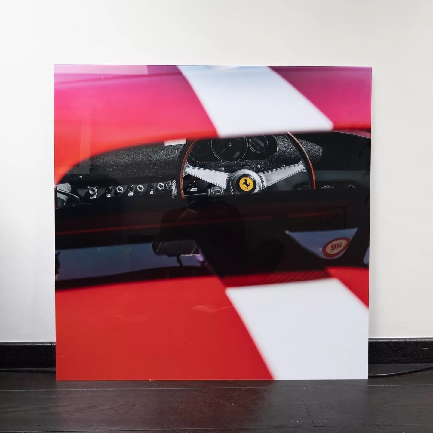 Close-up of an abstract red and white fine art print of a race car — Cars and Roses