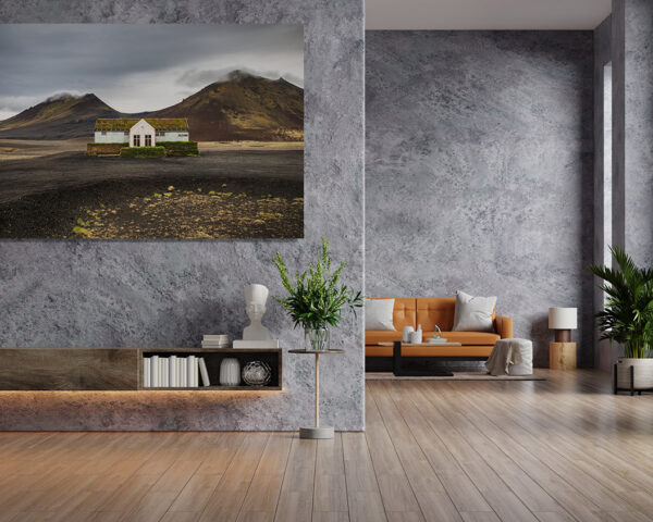 Framed photography of Iceland's Lonely Diner displayed in a modern interior above a sofa