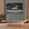 Green wall background, minimalist sofa, marble pattern wooden so Wall decor photo of white Porsche GT3 RS with teal wheels and black Bugatti Chiron on canyon road, perfect for luxury automotive interior decoration