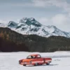 Photographie-Lincoln-Indianapolis Lincoln Indianapolis 1955 one-off concept car fine art photography print, orange show car on snow with mountains