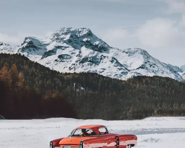 Photographie-Lincoln-Indianapolis Lincoln Indianapolis 1955 one-off concept car fine art photography print, orange show car on snow with mountains