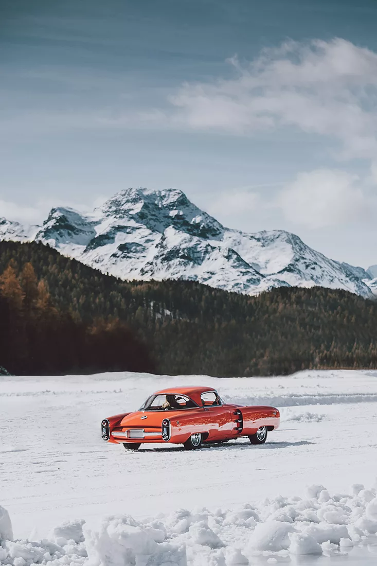 Lincoln Indianapolis 1955 one-off concept car fine art photography print, orange show car on snow with mountains