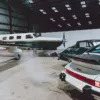 Porsche 911 Turbo and Piper Malibu, Hangar Light White Porsche 911 Turbo and green 911 in front of a Piper Malibu in a hangar lit by skylights - fine art photography print