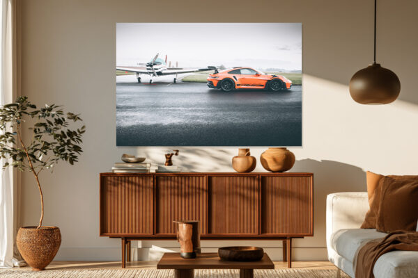 Porsche Wall Art - Piste Mouillée Porsche GT3 RS Porsche GT3 RS wet runway wall art mockup in a modern living room