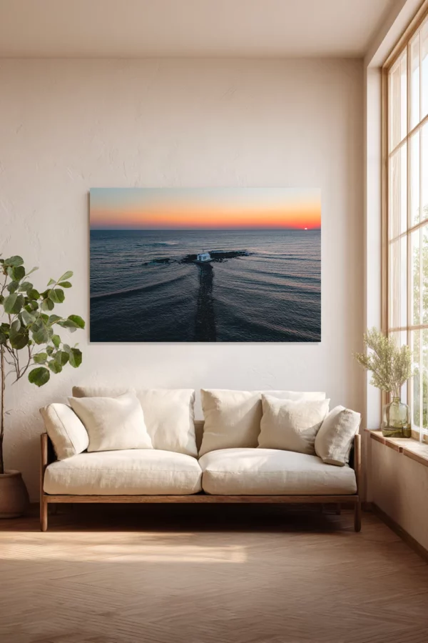 Wall Art — Chapel of Agios Nikolaos at Sunrise Chapel of Agios Nikolaos at sunrise fine art print displayed as wall art in a Mediterranean living room