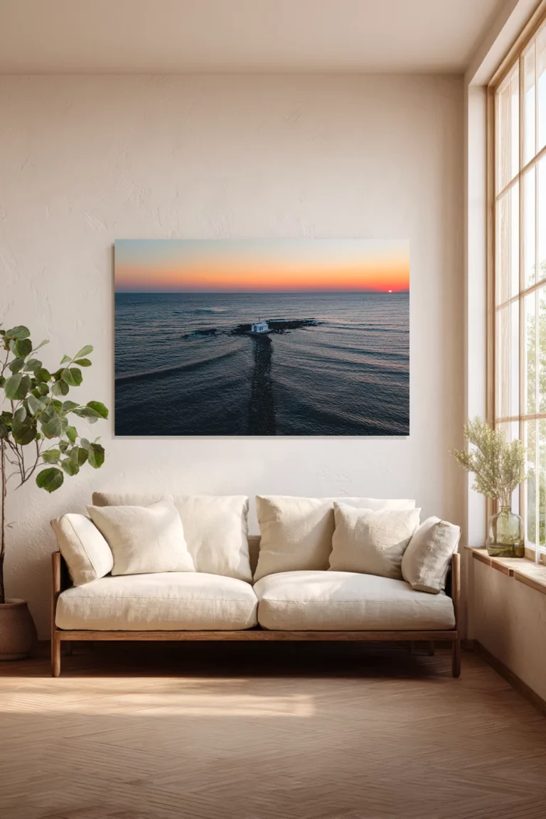 Crete Greece — Chapel of Agios Nikolaos at Sunrise, Georgioupoli — fine art print on the wall of a living room