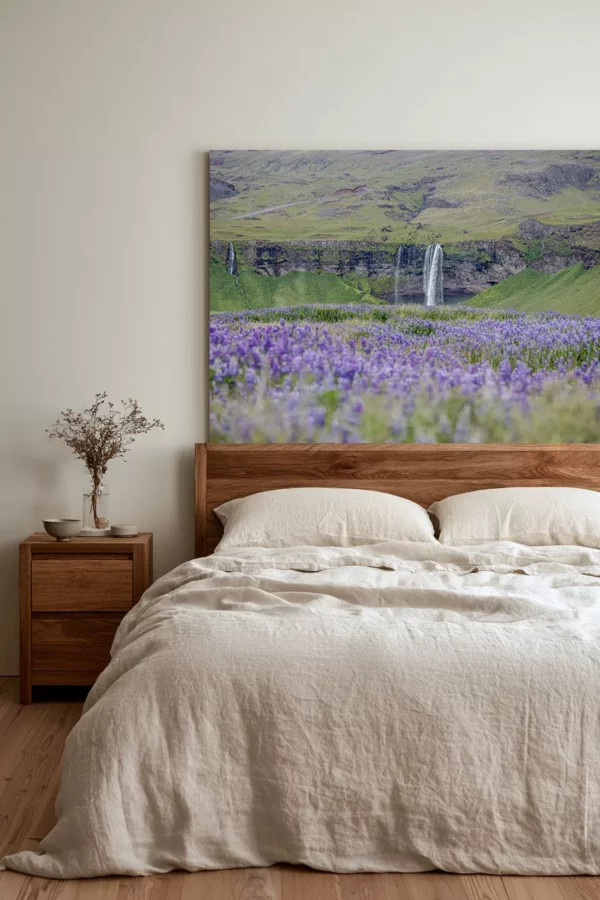 Wall Art Seljalandsfoss bluebells Wall art fine art photograph Seljalandsfoss waterfall Iceland living room interior large format print
