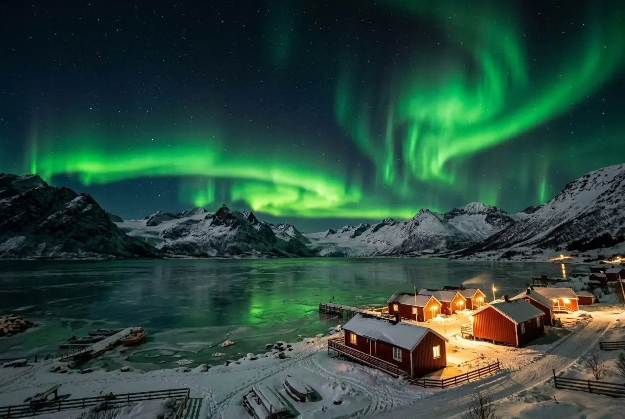 Aurora borealis prints: snowy coastal village under vibrant green aurora, mountains, and reflective fjord at night.