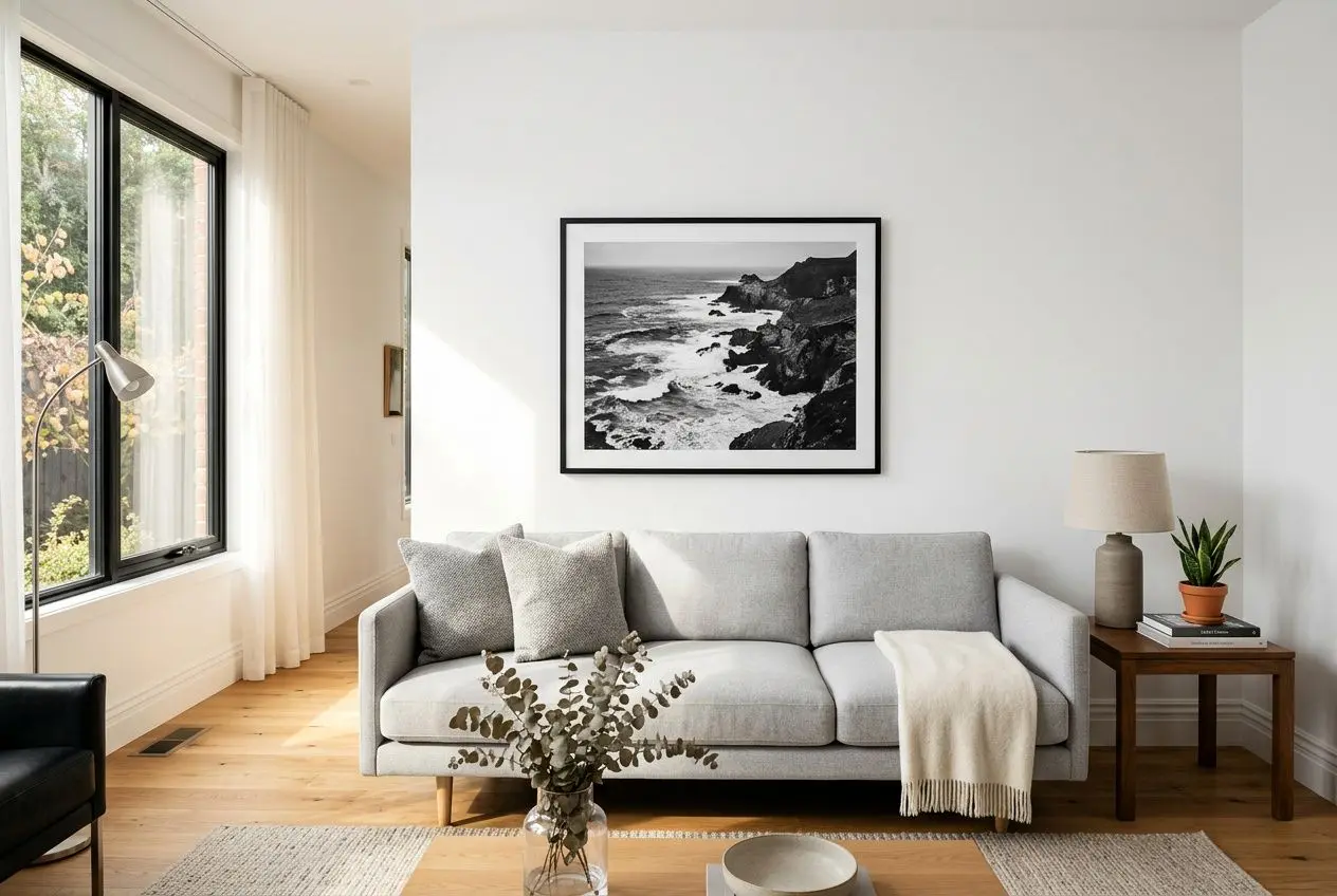 A bright living room with a light gray sofa, throw pillows, and a cozy blanket; a black-and-white framed coastal photo hangs above, flanked by a wooden side table with a lamp and plant, sunlight streaming in from large windows. How to arrange wall art in living room.