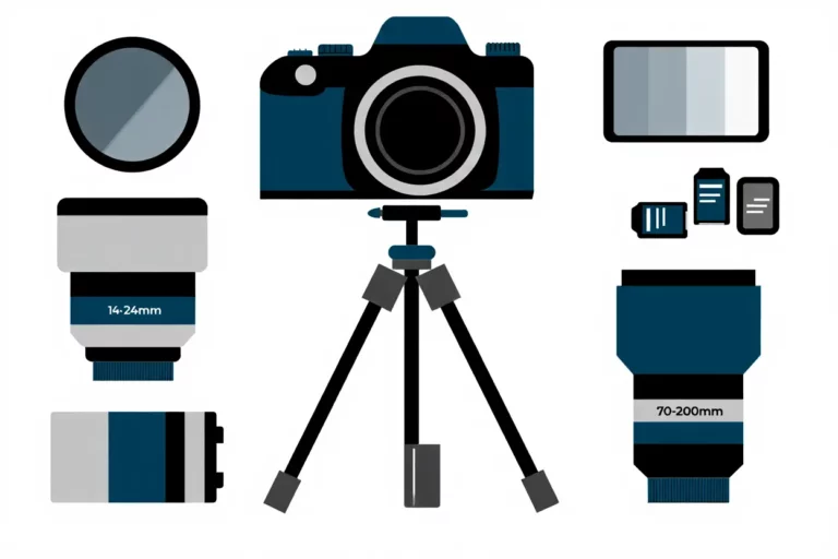 Camera and lenses on a tripod, with memory cards and a smartphone in the scene. Ideal for travel photography ideas.