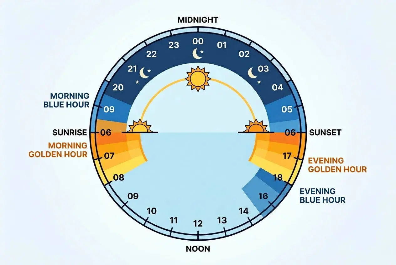 Circular diagram showing day-night cycle with sunrise and sunset, sun icons, and labeled blue and orange hour segments for morning blue hour, golden hour, noon, and midnight. Landscape photography tips for beginners.
