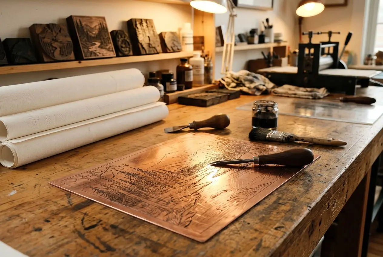 Copper plate with an etched print in progress on a wooden studio bench, surrounded by rollers, brushes, ink, and carving tools. Integrates printmaking process naturally.