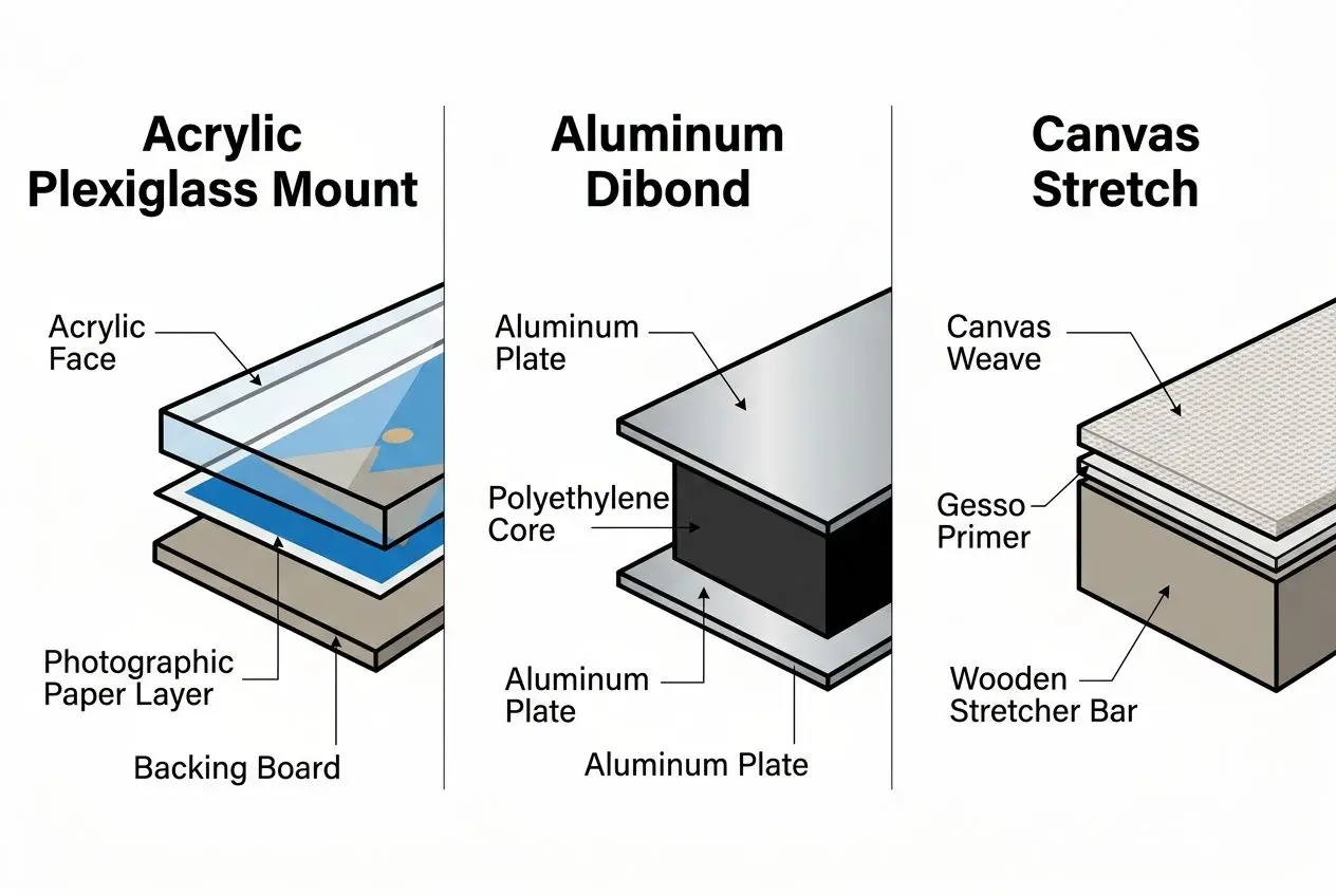 Cross-section diagrams of mounting and print media: Acrylic Plexiglass Mount, Aluminum Dibond, and Canvas Stretch, labeling layers like acrylic face, photocard paper layer, backing board, aluminum plates, polyethylene core, gesso primer, canvas weave, and stretcher bar. High quality photo printing online.