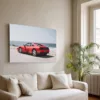 Ferrari 348 TS at Pebble Beach fine art print displayed as wall art above a sofa in a bright living room