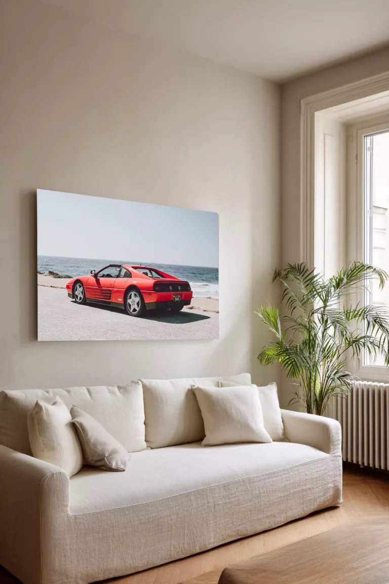 Ferrari 348 TS at Pebble Beach, 17-Mile Drive — fine art print on the wall of a living room