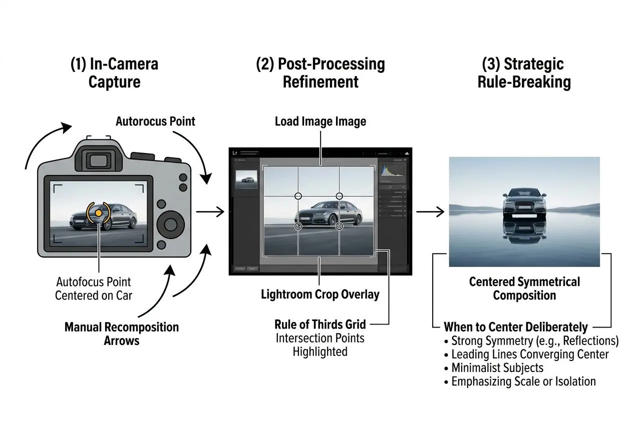 Diagram illustrating three-stage workflow: (1) In-Camera Capture with autofocusing on a car, (2) Post-Processing Refinement showing a grid and crop overlay, (3) Strategic Rule-Breaking achieving centered symmetrical composition.