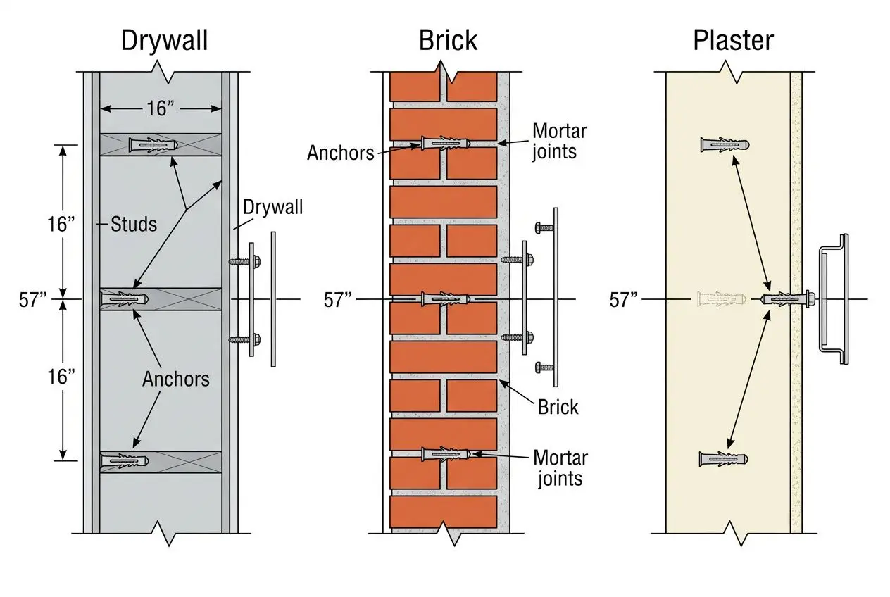 Diagram showing three wall-cladding options: drywall, brick, and plaster, with labeled studs, anchors, mortar joints, and mounting hardware. Includes measurements and installation details. Keyword integrated: material to print photos on.