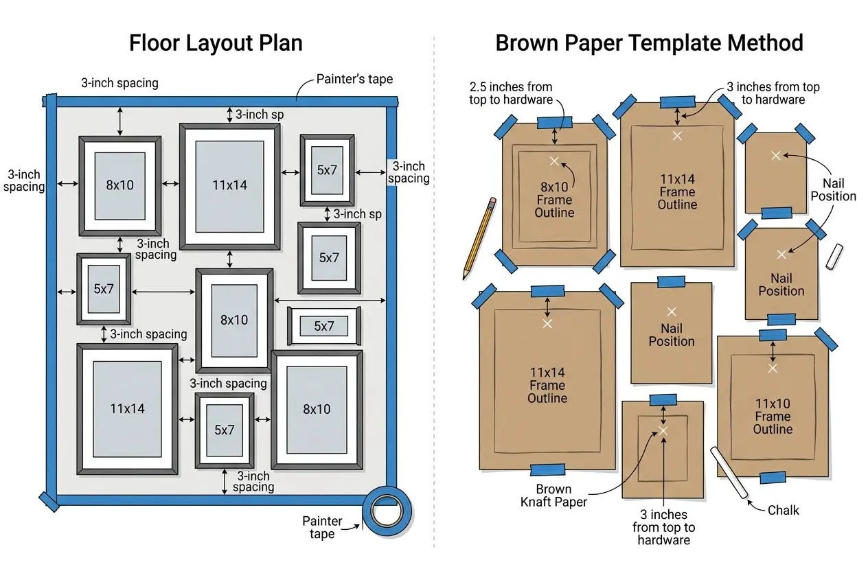 Floor layout plan and gallery wall setup to illustrate how to hang multiple pictures on wall, with spacing guidelines and templates.