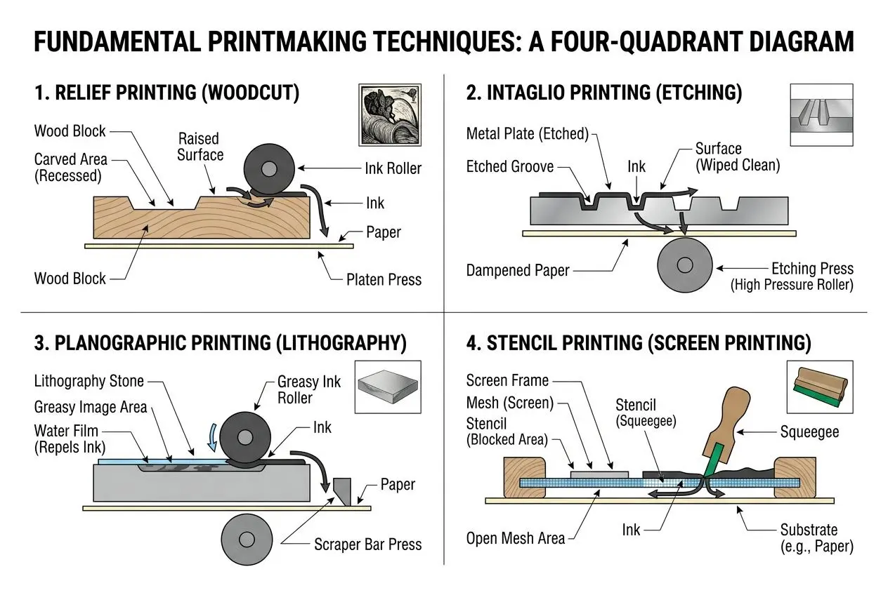 Four-quadrant diagram of fundamental printmaking techniques: relief printing (woodcut), intaglio printing (etching), planographic printing (lithography), and stencil printing (screen printing), with labeled parts and process arrows.