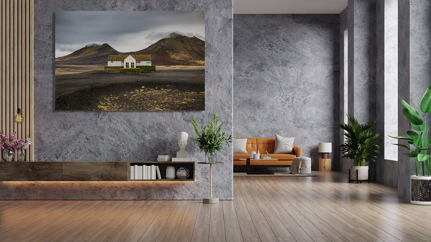 Framed photography of Iceland's Lonely Diner displayed in a modern interior above a sofa