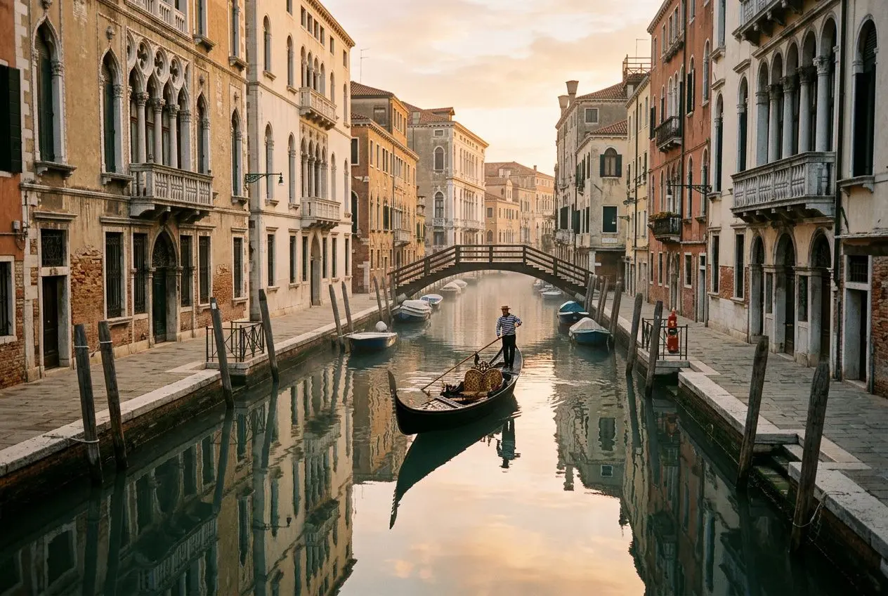 Gondolier guiding a boat through a calm canal in a historic European city, with arched buildings and a small bridge reflecting in the water, capturing photography destinations in europe.