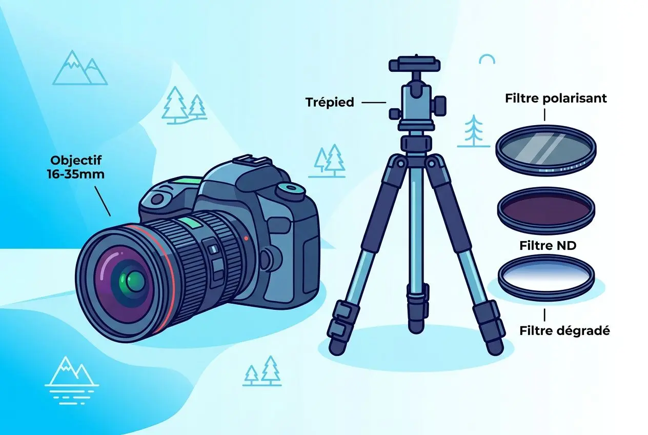 Educational illustration of a camera and tripod with filters (polarizer, ND, graduated) showing the components.
