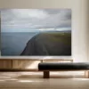 Iceland black sand beach wall art mockup Iceland black sand beach fine art print hanging above a pale oak sideboard in a calm Scandinavian living room