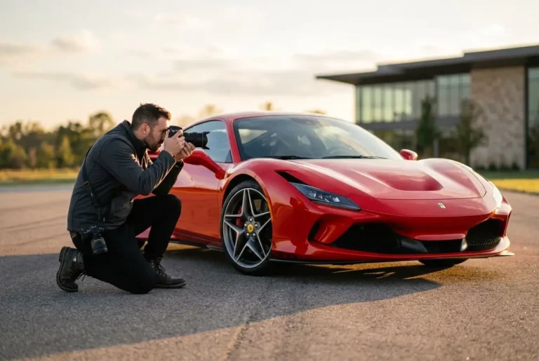Photographer near a red Ferrari, shooting the interior and bodywork, illustrating the best focal length for car photography.