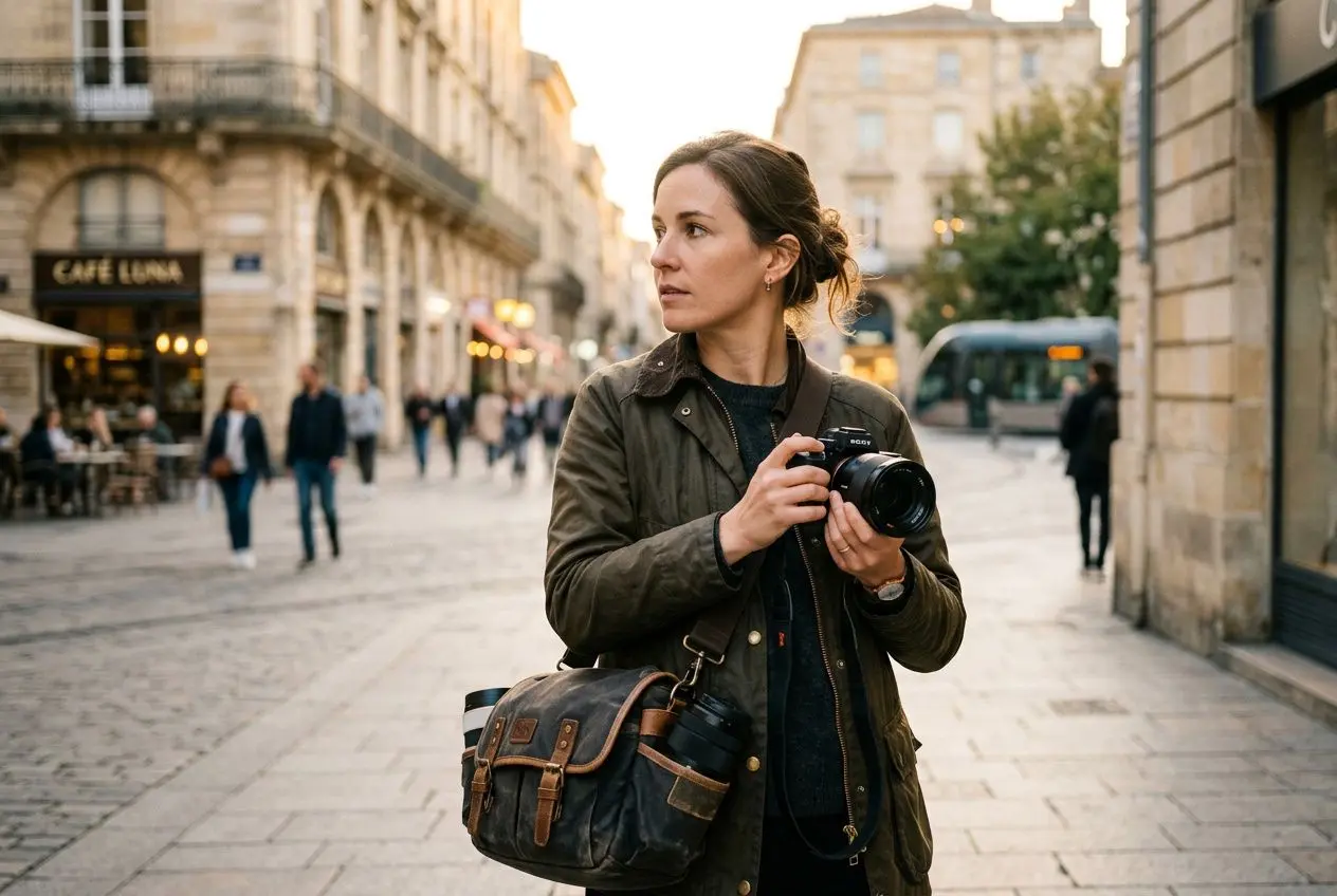 A photographer holding a camera on a cobblestone street, ready to capture scenes for a photography career.