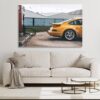 Yellow Porsche 930 Turbo S Fine Art Print | Living Room Mockup Yellow Porsche 930 Turbo S fine art print displayed as a canvas in a bright modern living room with beige sofa and pampas grass decor, Cars and Roses wall art mockup