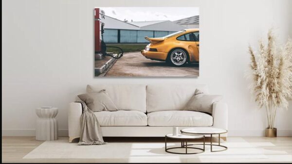 Yellow Porsche 930 Turbo S Fine Art Print | Living Room Mockup Yellow Porsche 930 Turbo S fine art print displayed as a canvas in a bright modern living room with beige sofa and pampas grass decor, Cars and Roses wall art mockup