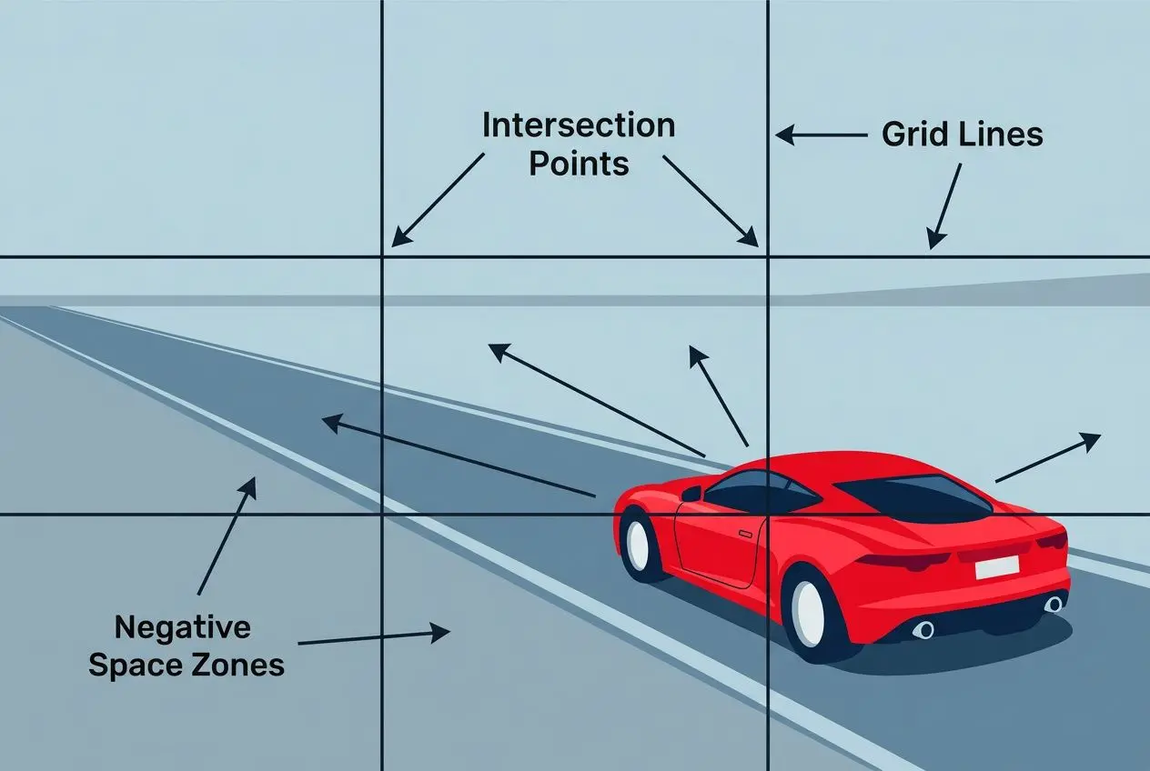 Red sports car driving on a road with grid lines illustrating the rule of thirds in car photography; arrows point to intersection points, negative space zones, and framing guides.