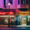 san-francisco-nuit-broadway-v2-900x600-1.webp Fine art photograph of Broadway in San Francisco at night: red Roaring 20’s neon sign, lit street lamp and a passer-by in motion