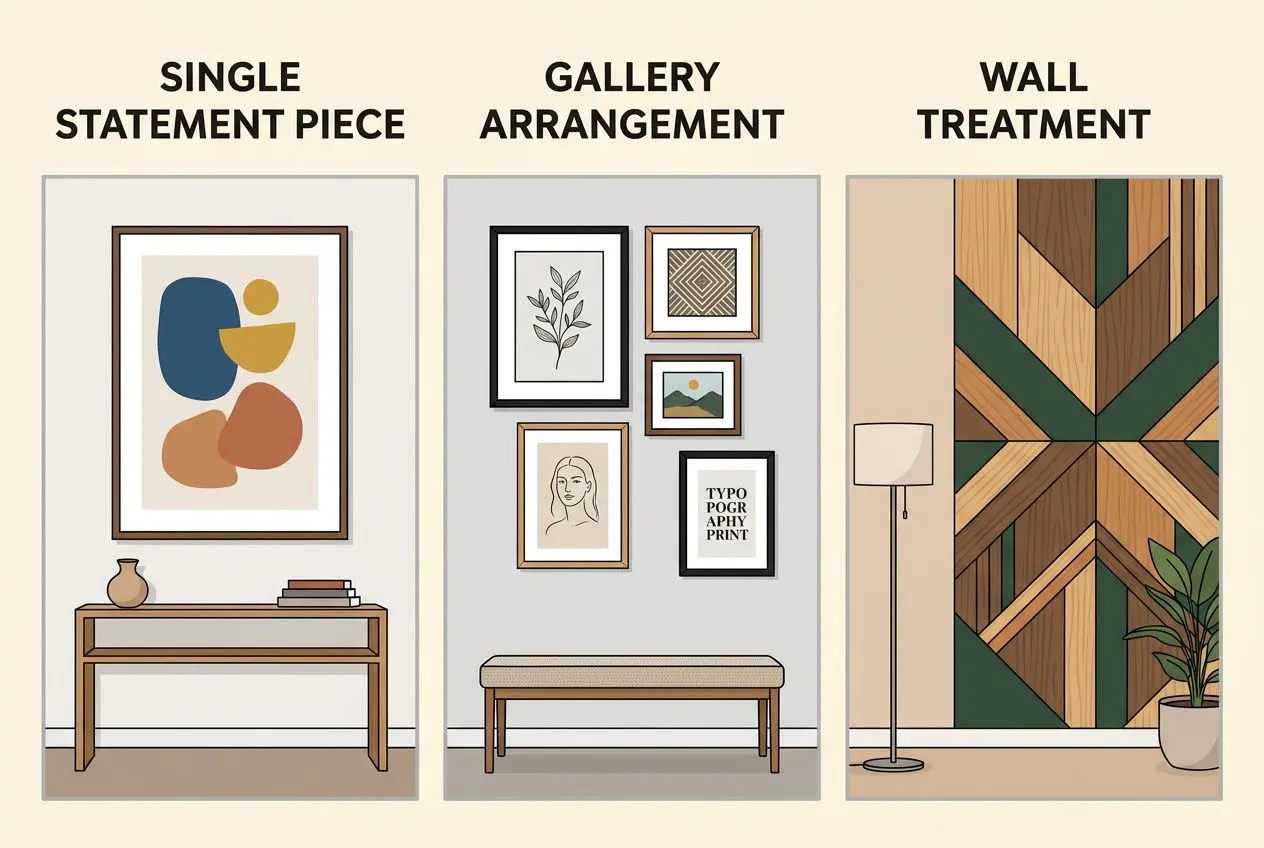 Three wall décor approaches: single statement piece, gallery arrangement, and wall treatment with geometric wood panels.