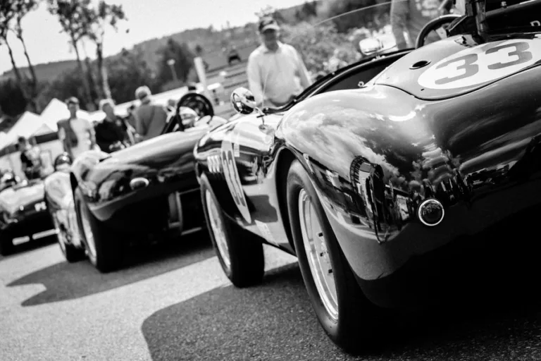 Vintage race cars in the paddock, number 33 — black and white fine art photography limited edition print