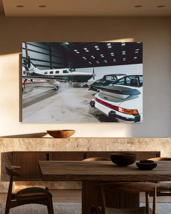 wall art Porsche 911 Turbo and Piper Malibu, Hangar Light Room view – Porsche 911 Turbo and Piper Malibu Hangar Light wall art in an interior