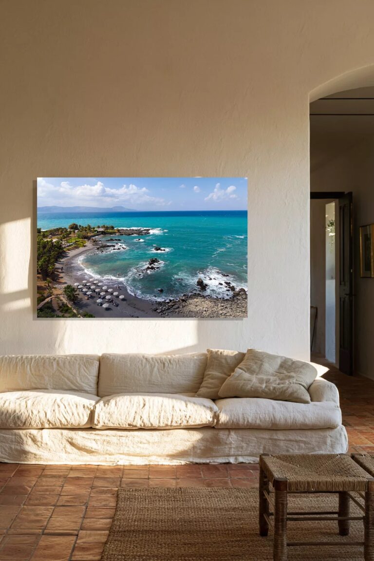 Crete Greece — Turquoise Bay and Volcanic Rocks — fine art print on the wall of a living room