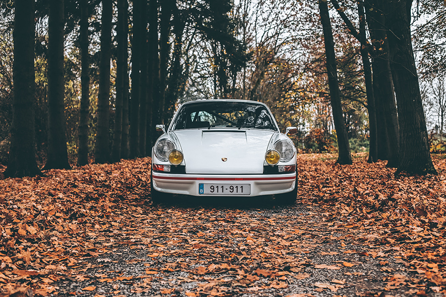 A white Porsche car parked on a leaf-covered forest path during autumn, with tall trees and orange-brown foliage surrounding it. what is the golden hour for photos is suggested by the warm, dusky light filtering through the trees.