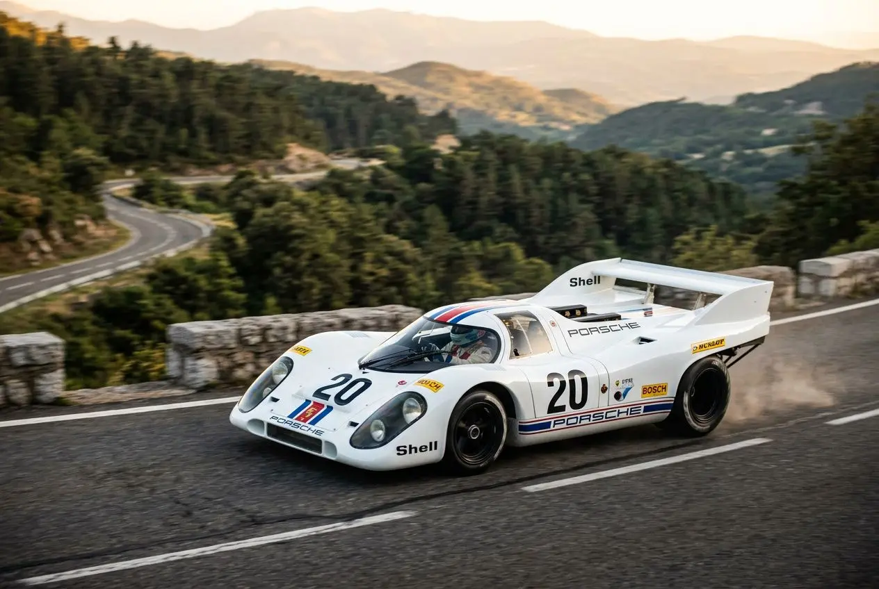 White Porsche race car with number 20 driving on a winding mountaintop road, dust trailing, surrounded by scenic hills. Porsche photography prints style.