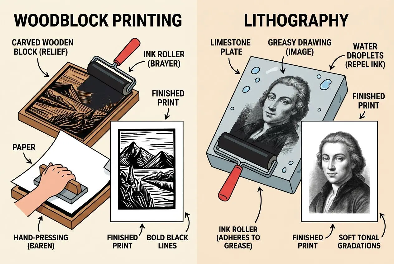 Woodblock printing and lithography infographic showing tools and steps; a hand pressing paper onto a carved wooden block, and a stone plate with an ink roller creating prints. Printmaking process overview.